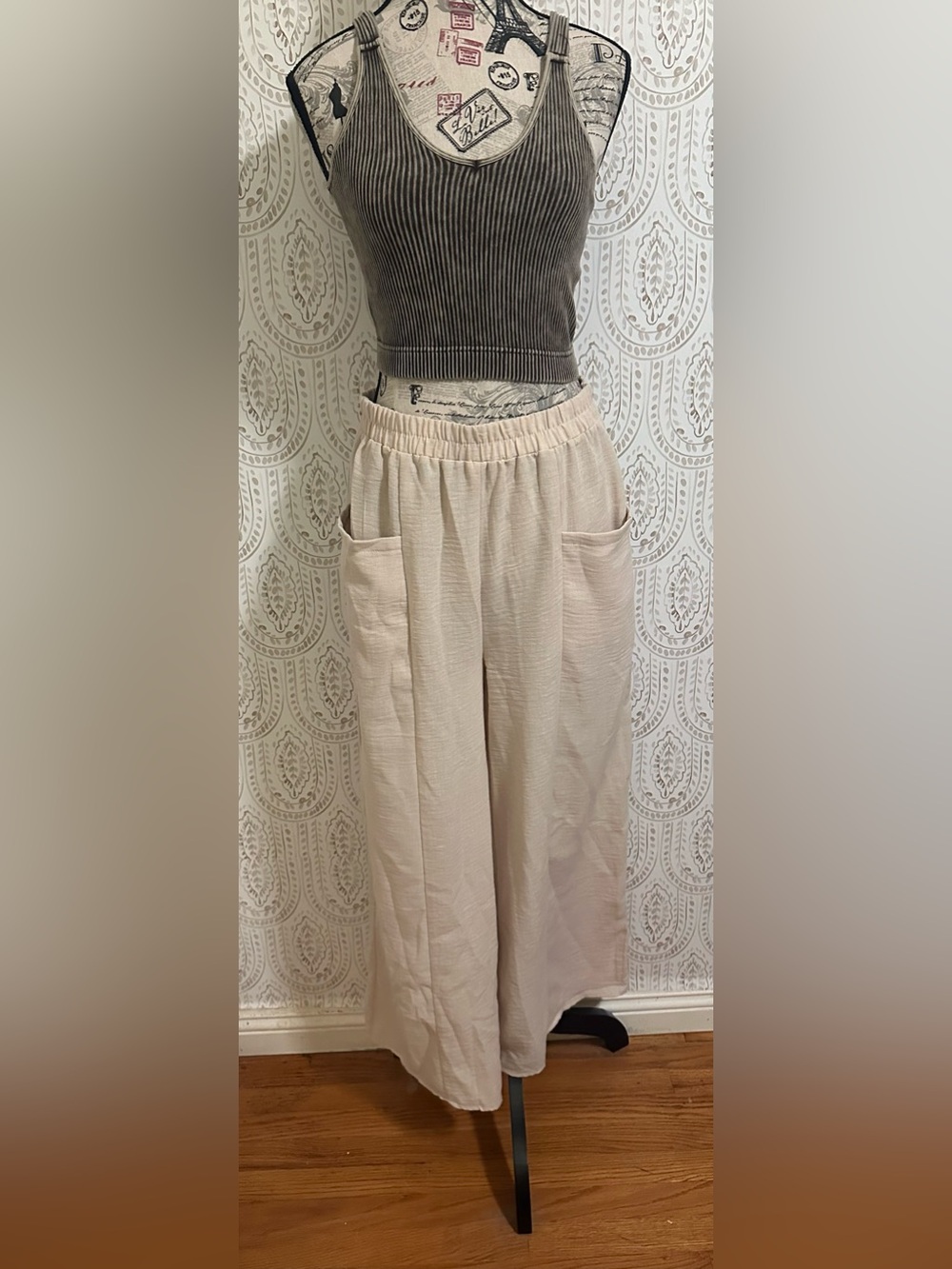 Zenana Outfitters Cream Wide-Leg Elastic Waist Pants